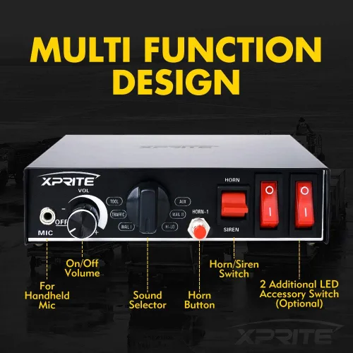 Vista 2 de Sistema PA de sirena de emergencia de 200 vatios con 8 tonos Xprite. Kit con micrófono de mano e interruptores de control de luces