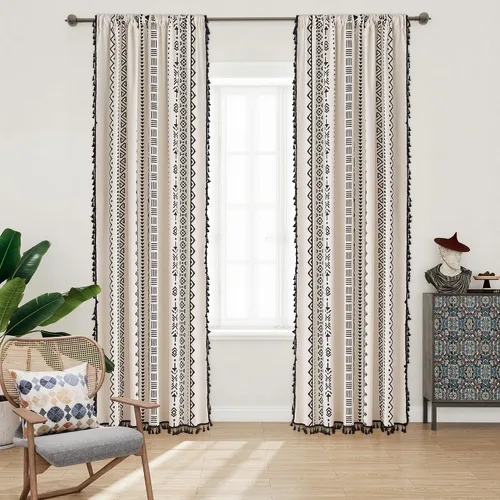 Vista 2 de Cortinas bohemias de algodón con patrón geométrico negro y borlas con flecos y bolsillo para barra, cortinas de algodón para dormitorio, sala