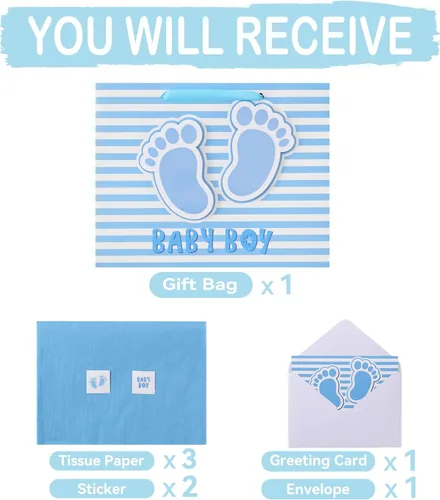 Vista 3 de Juego de bolsa de regalo grande de 13 pulgadas con asas, tarjeta de felicitación, papel de seda azul y calcomanías para niños para baby shower