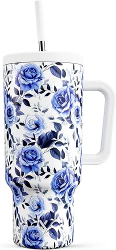 Vista 26 de Meoky - Vaso de 30 oz con asa, tapa y pajilla, taza de viaje térmica de acero inoxidable 100% a prueba de fugas, para portavasos, mantiene el frío