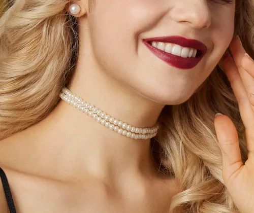 Vista 3 de Gionforsy Gargantilla de perlas blancas, collar de perlas de múltiples hebras, collar de perlas cortas para boda, fiesta de té, talla única , perla