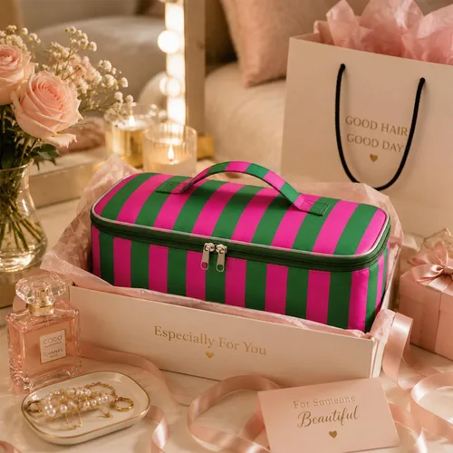 Vista 6 de Elegante bolsa de viaje para herramientas para el cabello con asa para Raya azul claro y rosa