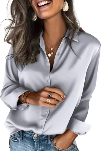 Vista 10 de Zeagoo Blusas de satén para mujer, camisas de seda con botones de manga larga, blusas casuales de negocios
