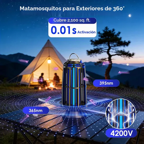 Vista 5 de Exterminador solar de insectos para exteriores – Batería de 5000 mAh, matamosquitos de 4200 V, recargable USB-C y paneles solares de 4 lados Negro