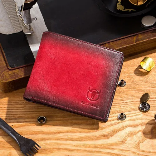 Vista 2 de WOWOLAY Cartera RFID para hombre plegable de cuero genuino con 2 ventanas de identificación, cartera roja, Rojo -, Slim