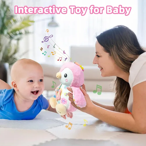 Vista 5 de Juguetes para bebés 0-6 meses, animal de peluche musical con sonajeros y papel crujiente, anillo colgante para juego sensorial, juguetes para tiempo