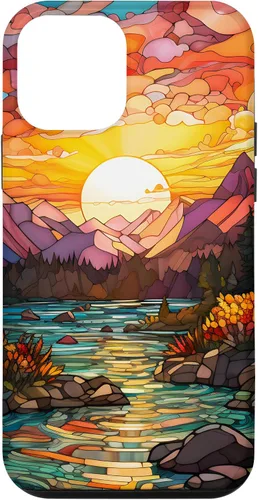 Vista 16 de iPhone 16 Sunset Stained Glass Mosaic Landscape Scene Case