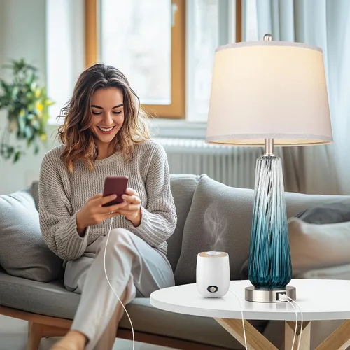 Vista 5 de Lámparas de mesa de cristal para sala de estar, modernas lámparas de noche con puertos USB A+C, lámpara de mesa de noche con control táctil Verde