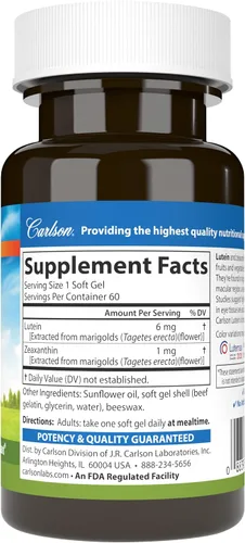 Vista 2 de Carlson - Luteína, 6 mg, visión saludable y función ocular, antioxidante, 60 cápsulas blandas