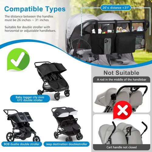 Vista 4 de Accmor Organizador de cochecito doble para Bob Duallie y Baby Jogger City Mini GT2, organizador de bolsa de cochecito de bebé doble, accesorios