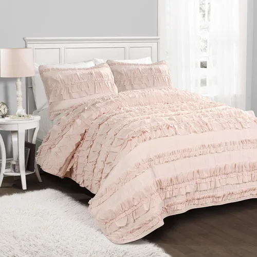 Vista 14 de Lush Decor Belle - Juego de cama de 4 piezas con falda de cama y 2 fundas de almohada, juego de edredón King, color blanco