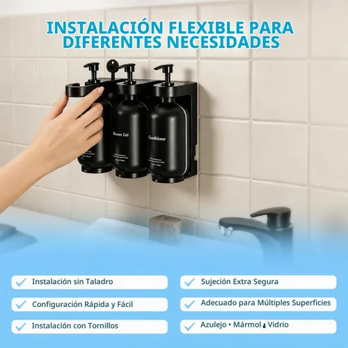Vista 4 de Dispensador de champú y acondicionador, juego de 3 botellas montado
