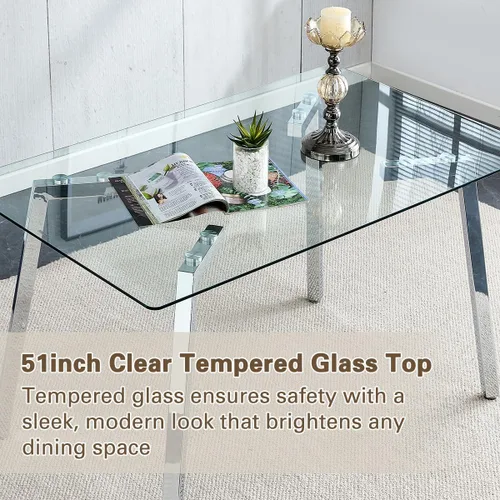 Vista 2 de Juego de mesa de comedor de cristal para 4, mesa rectangular con 4 sillas de cocina de cuero gris, juego de comedor de cocina de 51 pulgadas, mesa 4