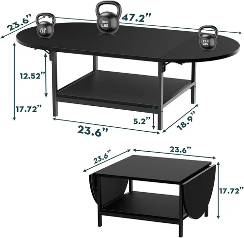 Vista 2 de SAYGOER - Mesa de café negra moderna con extensión y almacenamiento para sala de estar, mesa central única de 2 niveles con dos paneles plegables