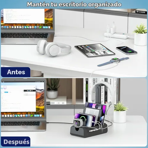 Vista 7 de Estación de carga KDD con 6 cables de carga - Estación de carga rápida 6 en 1 para celular con soporte para auriculares y soporte para reloj - 2