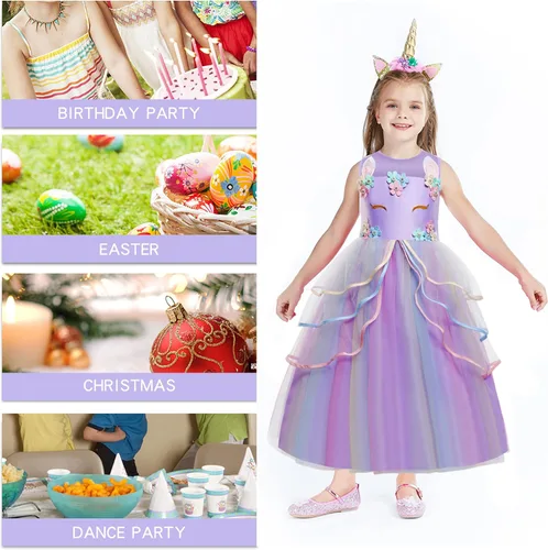 Vista 5 de Foierp Princess Unicorn Dress for Girls - Unicorn Costume with Headband Birthday Pageant Halloween Party Dresses Up 3-12Y