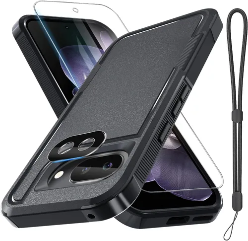 Vista 9 de Janmitta Funda para Google Pixel 9 Pro XL con protector de pantalla + protector de lente de cámara + correa de muñeca, resistente a prueba de NEGRO