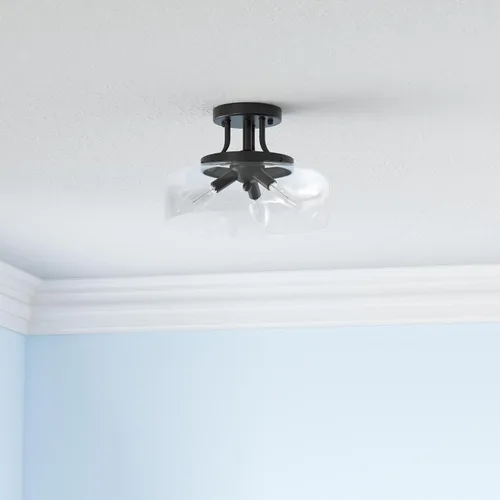 Vista 2 de Lámpara de techo industrial moderna semiempotrada con pantalla de vidrio transparente, lámpara de techo negra de 3 bombillas para cocina
