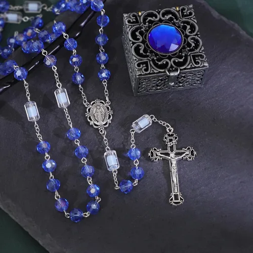 Vista 44 de KOMI Rosario de cuentas católicas para mujer, collar de cuentas de rosario con cruz de crucifijo, perlas de cristal, rosario, rosarios, católicos