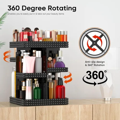 Vista 2 de Organizador de maquillaje giratorio de 360º – Almacenamiento de maquillaje acrílico negro para tocador, organizador de cosméticos con loción