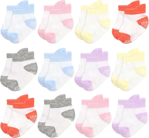 Vista 9 de GRPSKCOS - Calcetines antideslizantes para niños pequeños de 12 pares, calcetines antideslizantes para tobillos para niñas y niños, calcetines