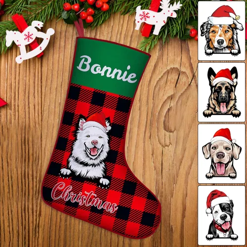 Vista 32 de Medias de Navidad de raza de perro personalizadas con texto de nombre, regalos de decoración de calcetines de Navidad personalizados para perros
