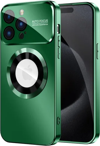 Vista 13 de MAKAVO Funda magnética para iPhone 15 Pro Max, compatible con MagSafe, protector de lente de cámara integrado, vista de logotipo, cubierta de Negro