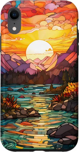 Vista 25 de iPhone 16 Sunset Stained Glass Mosaic Landscape Scene Case