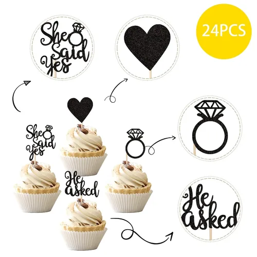 Vista 3 de 24 piezas de adornos para cupcakes con anillo de corazón con purpurina para despedida de soltera, boda, compromiso, despedida de soltera, despedida