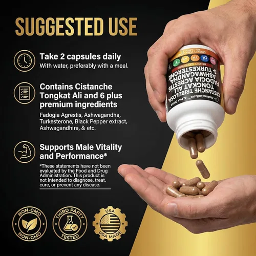 Vista 6 de Cistanche Fadogia Agrestis Tongkat Ali Suplemento para hombres – Cápsulas de turkesterona Ashwagandha con pimienta negra Energy Vitality