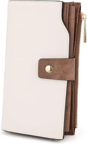 Vista 10 de UTO Cartera de cuero vegano para mujer, cartera larga con broche de presión, tarjetero de crédito, elegante embrague 0153 Gris