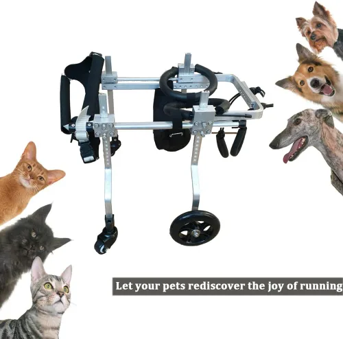 Vista 6 de Silla de ruedas para perros para patas delanteras, silla de ruedas ajustable para gatos de 4 ruedas con cinturón de vientre, carrito de mascotas