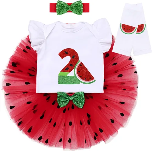 Vista 2 de IBTOM CASTLE Conjunto de ropa de 4 piezas para niñas con diseño de sandía para cumpleaños de media 12 fiesta
