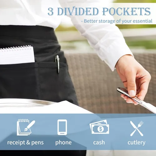 Vista 3 de 3 Pack Server Apron, Short Waitress Apron with Pockets for Servers, Waiters mandiles para mujer para trabajo with 3 pockets, Polyester