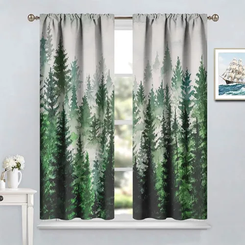 Vista 3 de BAEKJIN Cortinas verdes de bosque brumoso, acuarela, naturaleza, paisaje, plantas, árbol, bolsillo para barra, opacas, tratamiento de ventana