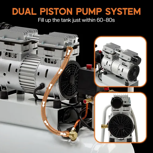 Vista 4 de Albott Compresor de aire de 8 galones con válvula de drenaje automática, tanque de compresor de aire sin aceite de 1.0 HP con ruedas, nivel de ruido