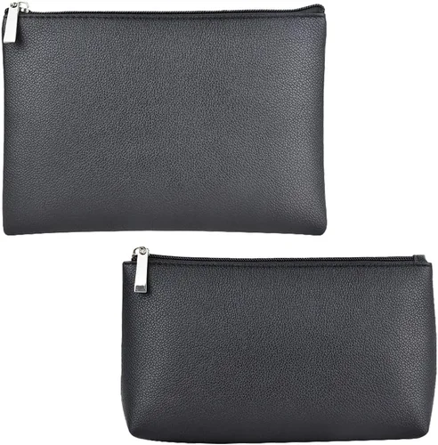 Vista 13 de Juego de 2 bolsas de maquillaje, pequeña bolsa de maquillaje con cremallera, bolsa de cosméticos portátil para viajes, bolsa de belleza de piel Negro
