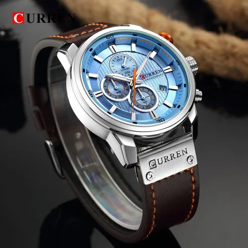 Vista 3 de Reloj deportivo con cronógrafo para hombre, correa de cuero marrón, reloj de cuarzo, reloj de pulsera casual para hombre, Completo negroacero.
