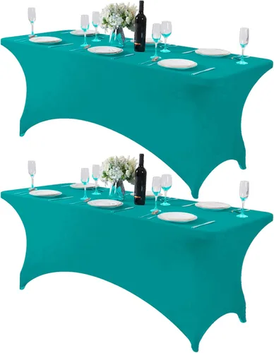 Vista 8 de Mantel de elastano para mesa de 6, 4 o 8 pies, universal, ajustable, para fiestas, banquetes, bodas y eventos, color verde manzana
