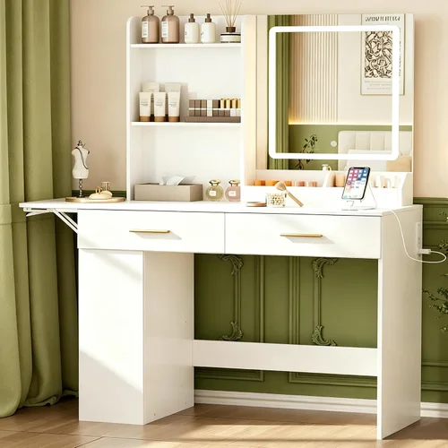 Vista 8 de Escritorio de tocador con espejo y luces, mesa de maquillaje de 43.31 pulgadas con 4 cajones, escritorio extra plegable con 3 estantes abiertos