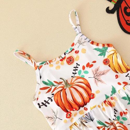 Vista 4 de Mameluco sin mangas para Halloween para niños y niñas pequeñas, lindo traje de harén con gráficos de calabaza, con bolsillos, 1-6 años