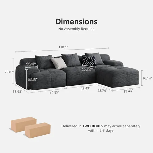 Vista 2 de Sofá Seccional Modular Moderno en Forma de L para Sala de Estar, Sofá de 3 Plazas de Gran Tamaño con Asiento Profundo y Otomana Móvil – Sin Montaje