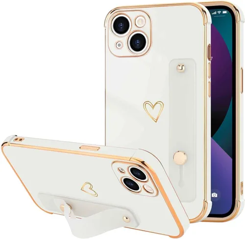Vista 72 de LLZ.COQUE Funda compatible con iPhone 12 para mujeres y niñas, parachoques chapado de lujo con bonito diseño de corazón de amor, soporte de correa