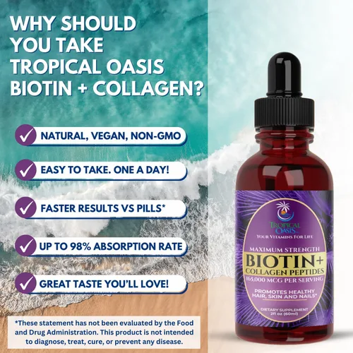 Vista 6 de Gotas de biotina líquida y colágeno de máxima potencia, 165,000 mcg, vitaminas para el crecimiento del cabello para mujeres y hombres, apoya un