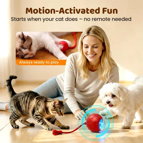 Vista 5 de Pelota de juguete interactiva para gatos de interior, conductor fuerte que rueda rápidamente en la alfombra, chirrido y activado por movimiento