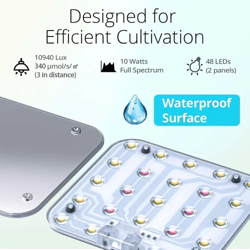 Vista 4 de Luz LED de espectro completo para cultivo de plantas de interior, 2 paneles de 10 W con temporizador de 6/12/16 horas, luces regulables para plantas
