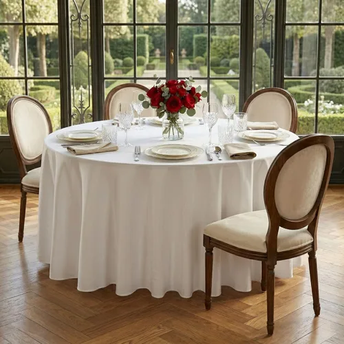 Vista 3 de Restaurantware Table Tek - Manteles redondos de 120 pulgadas para boda, 10 manteles redondos de poliéster blanco lavables sin arrugas