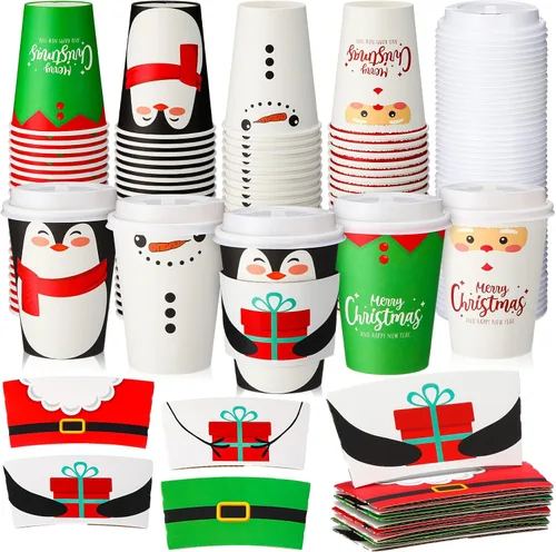 Vista 8 de Yungyan Paquete de 100 Tazas de Café Desechables de Navidad de 12 oz con Tapas y Mangas Tazas de Café de Papel Aisladas con Tapas Abovedadas