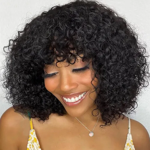 Vista 7 de Peluca de cabello humano corto rizado degradado con flequillo, peluca rizada sin pegamento Wear and Go None Lace Wigs for Black Women Human Hair