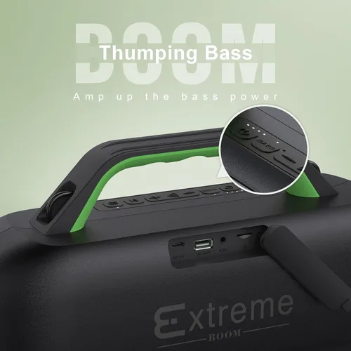 Vista 3 de DOSS Extreme Boom - Altavoz Bluetooth para exteriores con sonido potente de 60 W, graves profundos, tiempo de reproducción de 30 horas, USB-C, Verde